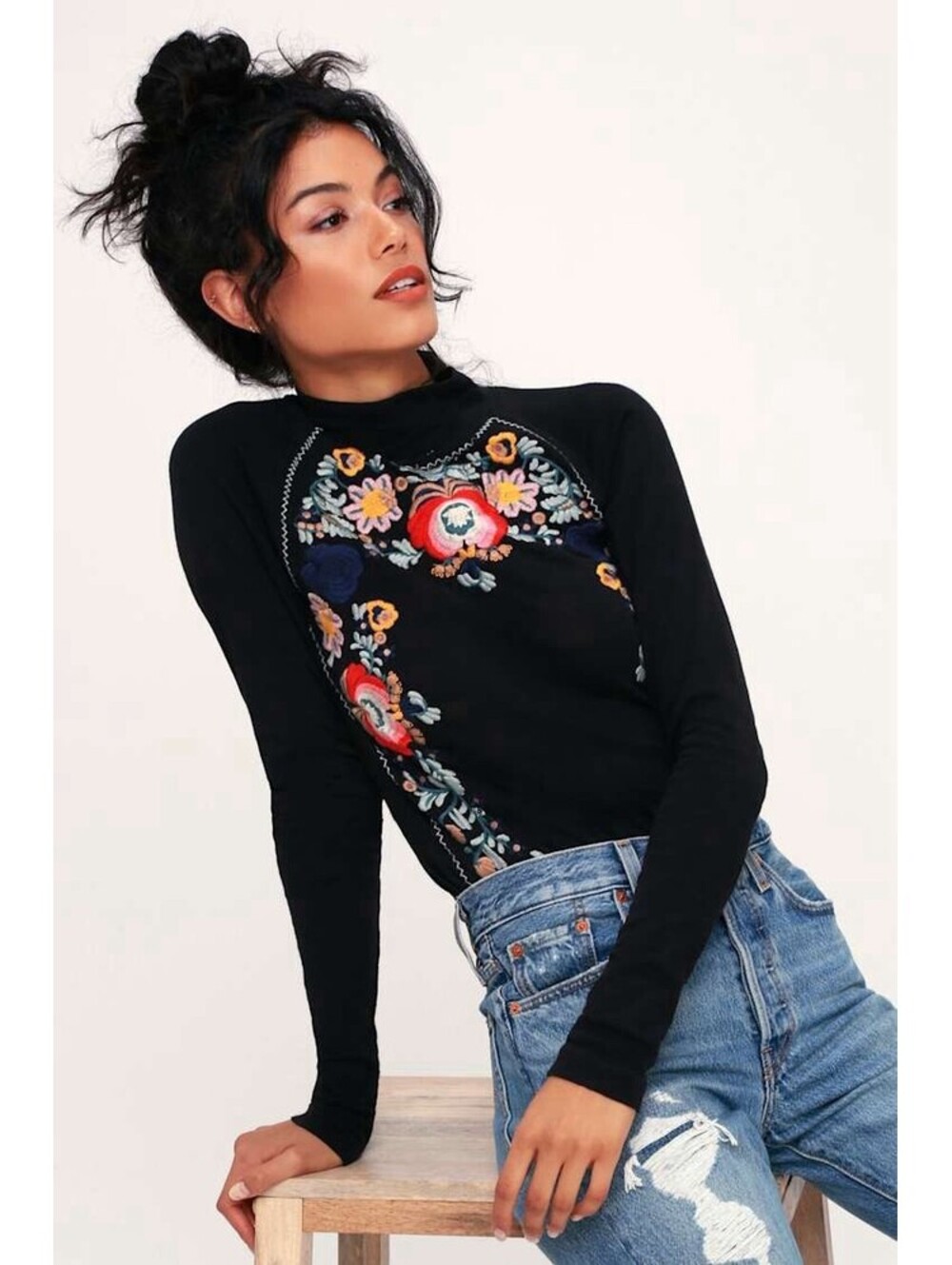 Free People Disco Rose Mock Neck Long Sleeve Top Floral Embroidered Large L